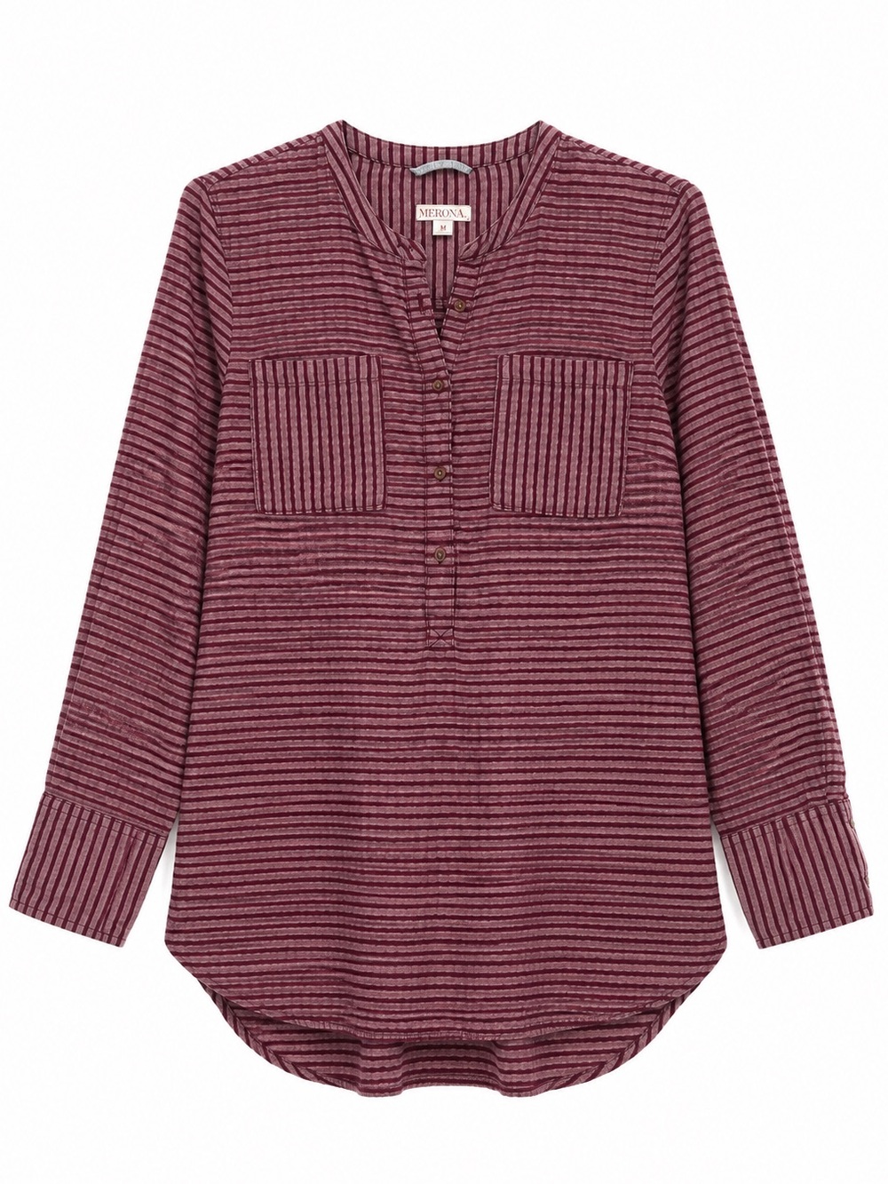 Merona Burgundy Striped V-Neck Chest Pocket Long Sleeve Tunic Top M Casual Boho
